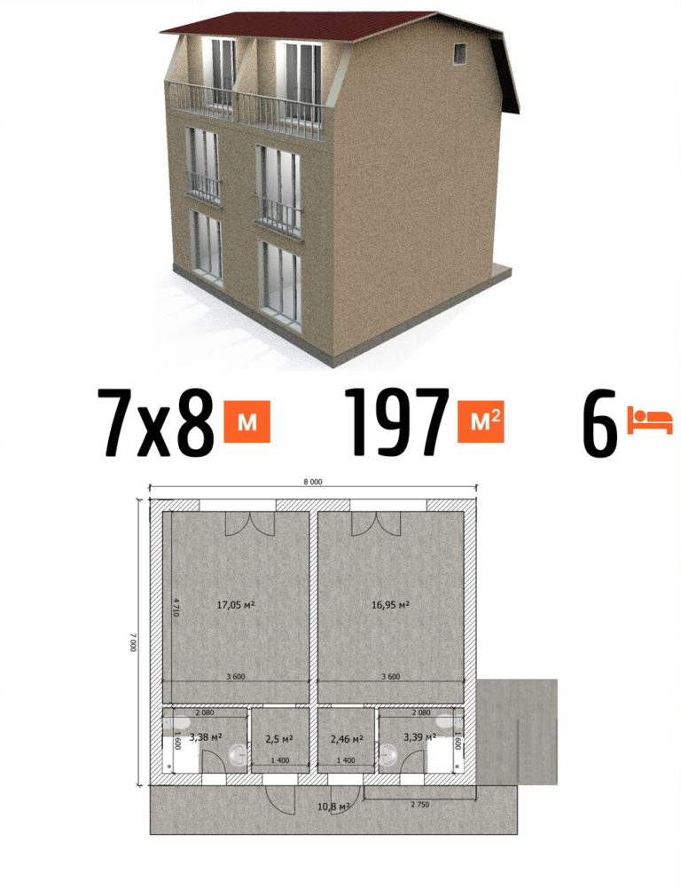 Проект гостиницы 197 кв.м 6 номеров 7 на 8 трехэтажная - стоимость строительства фото и планы