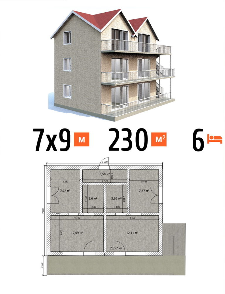 Проект гостиницы 230 кв.м 6 номеров 7 на 9 трехэтажная - стоимость под чистовую фото и планы