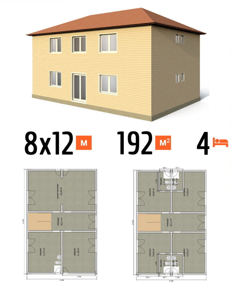 Проект гостиницы 192 кв.м 4 номера 8 на 12 двухэтажная - стоимость под чистовую фото и планы