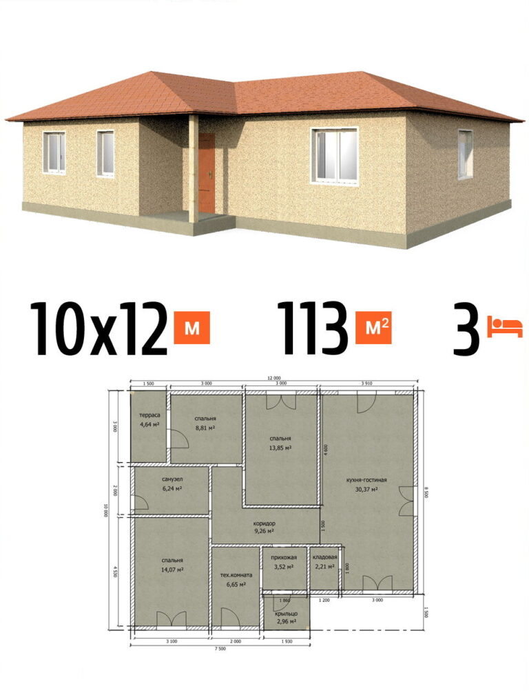 Проект дома 113 кв.м 3 спальни 10 на 12 одноэтажный - цена под чистовую фото и планы