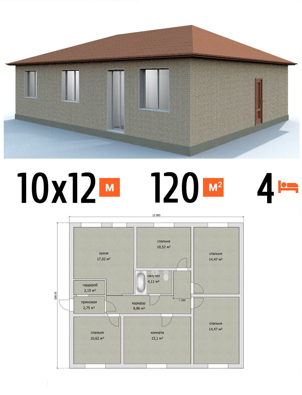 Проект дома 120 кв.м 4 спальни 10 на 12 одноэтажный - стоимость под чистовую фото и планы